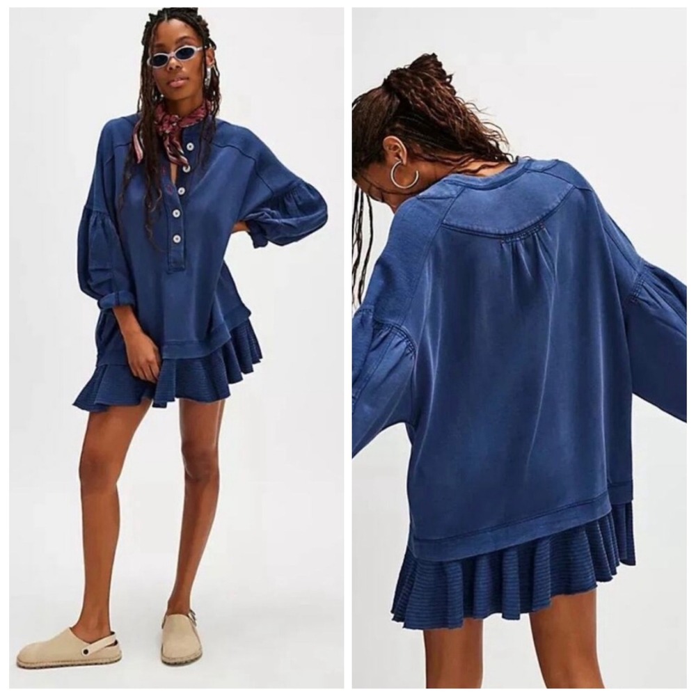 Free People Deep Seas Henley Dress Womens XL Navy Boho Oversized Ruffle Mini New